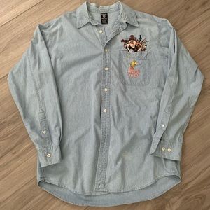 Embroidered Looney Tunes Large Blue Taz Tweety Bird Button Up Casual Mens 90s